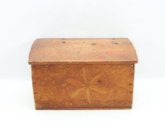 1700s Norwegian Carved Wooden Chest | 18th Century Primitive Valuables Chest | Hand Forged Iron Hinges