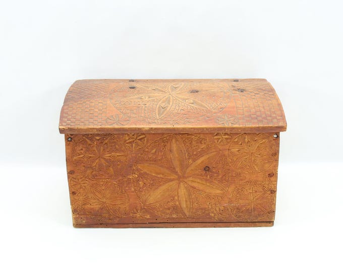 1700s Norwegian Carved Wooden Chest | 18th Century Primitive Valuables Chest | Hand Forged Iron Hinges