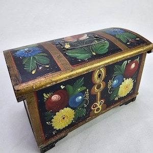 Charming Hand-Painted Antique OS Rose painted Trinket Chest - Norwegian Folkart - One-of-a-Kind Storage - NORGE