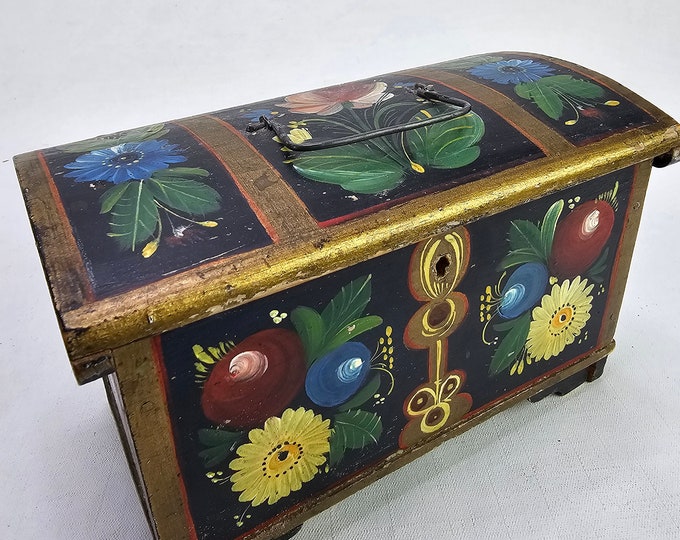 Charming Hand-Painted Antique OS Rose painted Trinket Chest - Norwegian Folkart - One-of-a-Kind Storage - NORGE