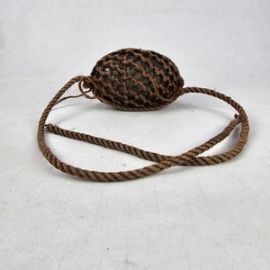 Vintage Fishing Float Set with Dark Olive Green Glass Float and Netted Hemp - Vintage Norwegian fishing float