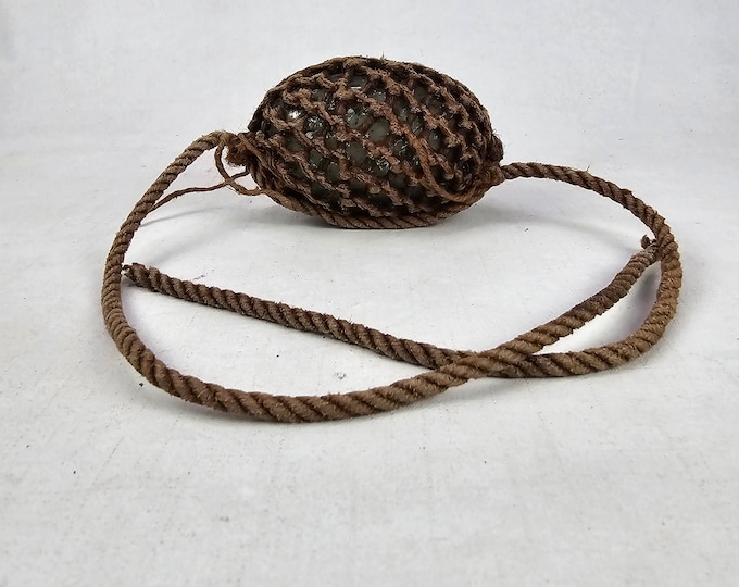 Vintage Fishing Float Set with Dark Olive Green Glass Float and Netted Hemp - Vintage Norwegian fishing float