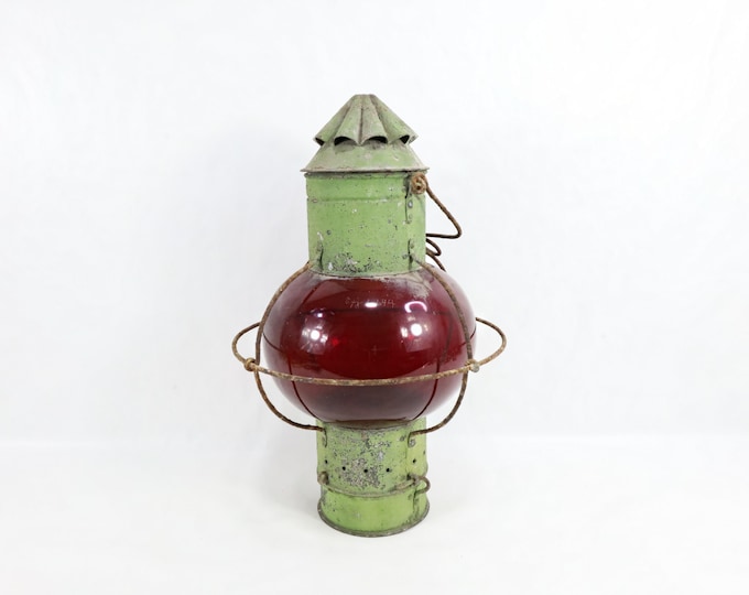1920s European Red Oil Lantern | Antique Maritime Lantern | Nautical Decor | Vintage Ship Lantern | 360-Degree Red Oil Lantern