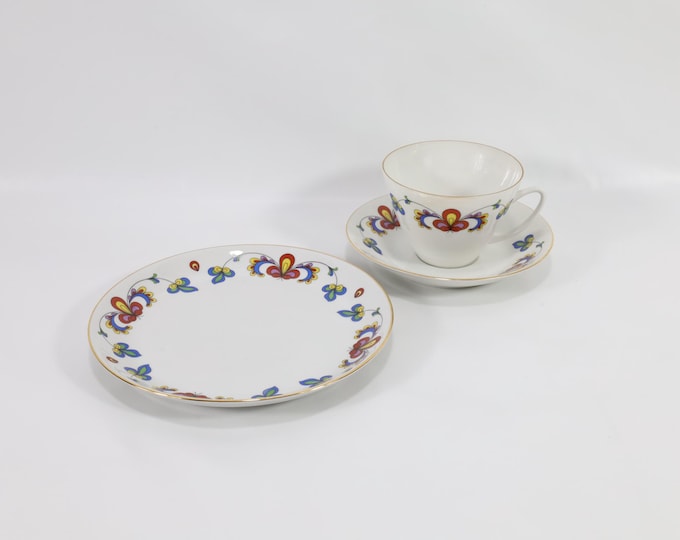 1960s Porsgrund Porcelain Farmer Roses Breakfast Set - Vintage Norwegian Trio