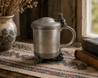 Vintage Norwegian Pewter Lion Tankard | Marked 124 Tinn | Lidded Scandinavian Mug with Lion Finial & Feet | Mid-Century Nordic Decor