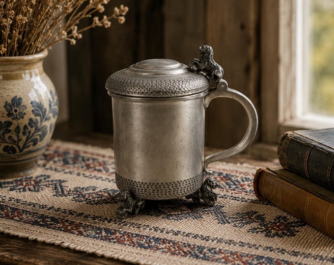 Vintage Norwegian Pewter Lion Tankard | Marked 124 Tinn | Lidded Scandinavian Mug with Lion Finial & Feet | Mid-Century Nordic Decor