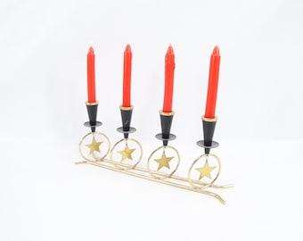 Vintage Scandinavian Advent Candlestick | 4-Arm Star Candle Holder with Red Retro Candles | Midcentury Style Nordic Christmas Decor Sweden
