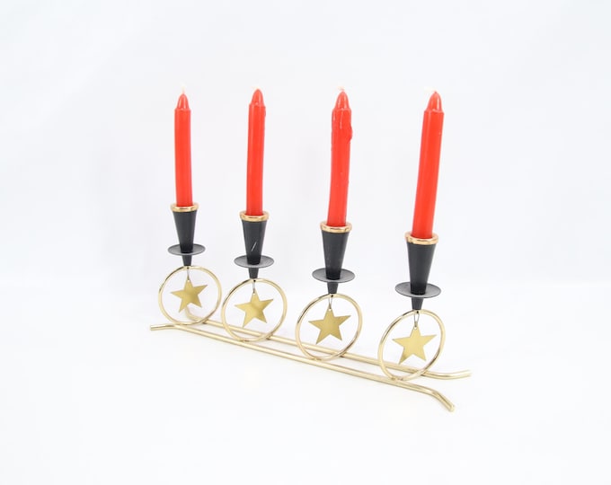 Vintage Scandinavian Advent Candlestick | 4-Arm Star Candle Holder with Red Retro Candles | Midcentury Style Nordic Christmas Decor Sweden