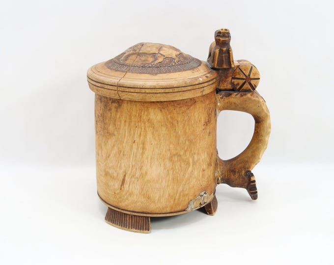 Norwegian Lion Tankard | Early 1800s Hand Carved Wooden Løvekrus | Scandinavian Folk Art Vessel