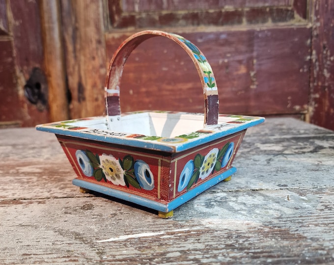 Norwegian Folk-Art Collectible: Vintage Carry Basket with Rare Rose Carving and Rosemaling Design