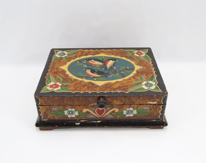 Antique Norwegian Folk Art Jewelry Box | 1910s Hand Painted Wood Trinket Chest Birds and Flowers | Mirror and Sections | Scandinavian Decor