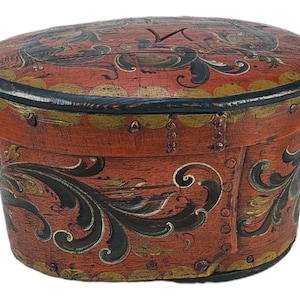 Vintage Antique rosemaling Paint Bent Wood Tine Box - Norwegian Folk-Art Keepsake Box 1800s  - Vintage antique Norwegian storage tine box