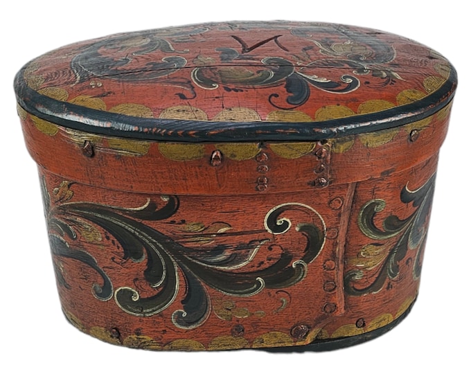Vintage Antique rosemaling Paint Bent Wood Tine Box - Norwegian Folk-Art Keepsake Box 1800s  - Vintage antique Norwegian storage tine box