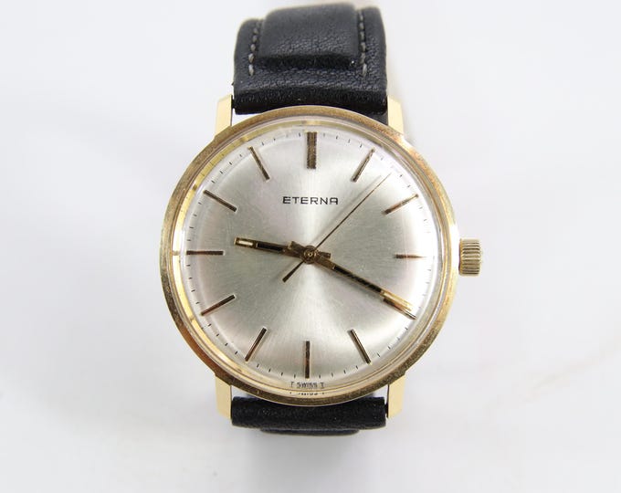 Eterna 14k Yellow Gold Mechanical Watch | 35mm Vintage Swiss Dress Watch 1970 | Date-Free Dial | Original Acrylic Crystal | Leather Strap