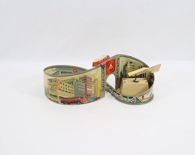 1950s Technofix Tin Toy | U.S. Zone Germany Mechanical Track | Lithographed Train Airplane City Scene | Vintage Wind Up Toy Nuremberg