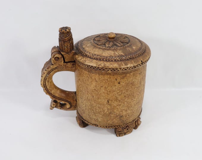 Hand Carved Norwegian Ale Tankard - Antique Beer Stein with Lion Feet 1800s