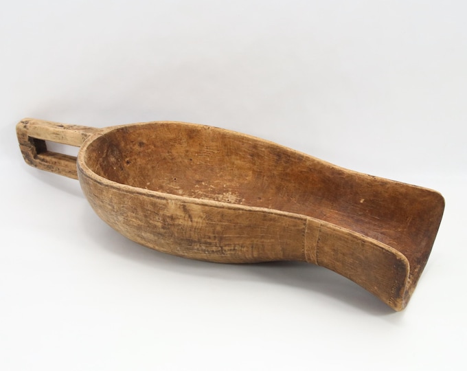 Hand Carved 1800s Norwegian Dough Scoop | Dated 1842 | Rustic Primitive Farmhouse Decor | Antique Wood Grain Shovel | Patina Display Bowl