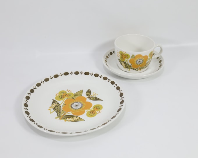 1970s Norwegian Breakfast Trio Yellow Green | Vintage Cup Saucer Plate Set | Scandinavian Retro Tableware
