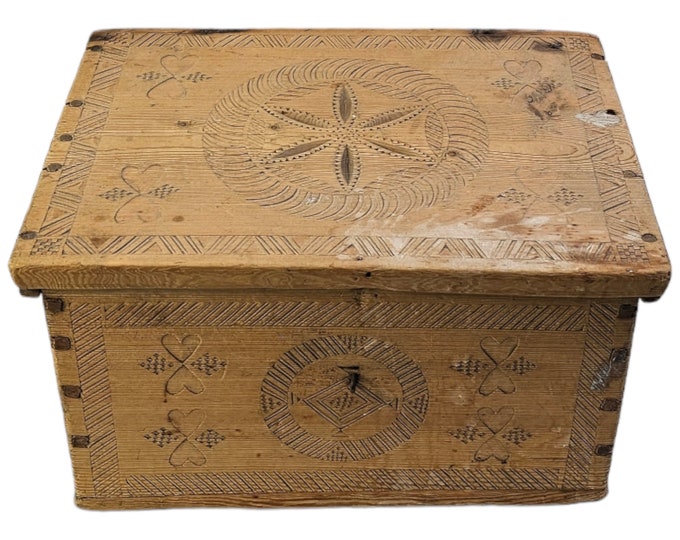 Rustic Antique Norwegian Chest 1800s Folkart Storage with Traditional Hand Carvings and Charming Norwegian Chip Carving - heart carving