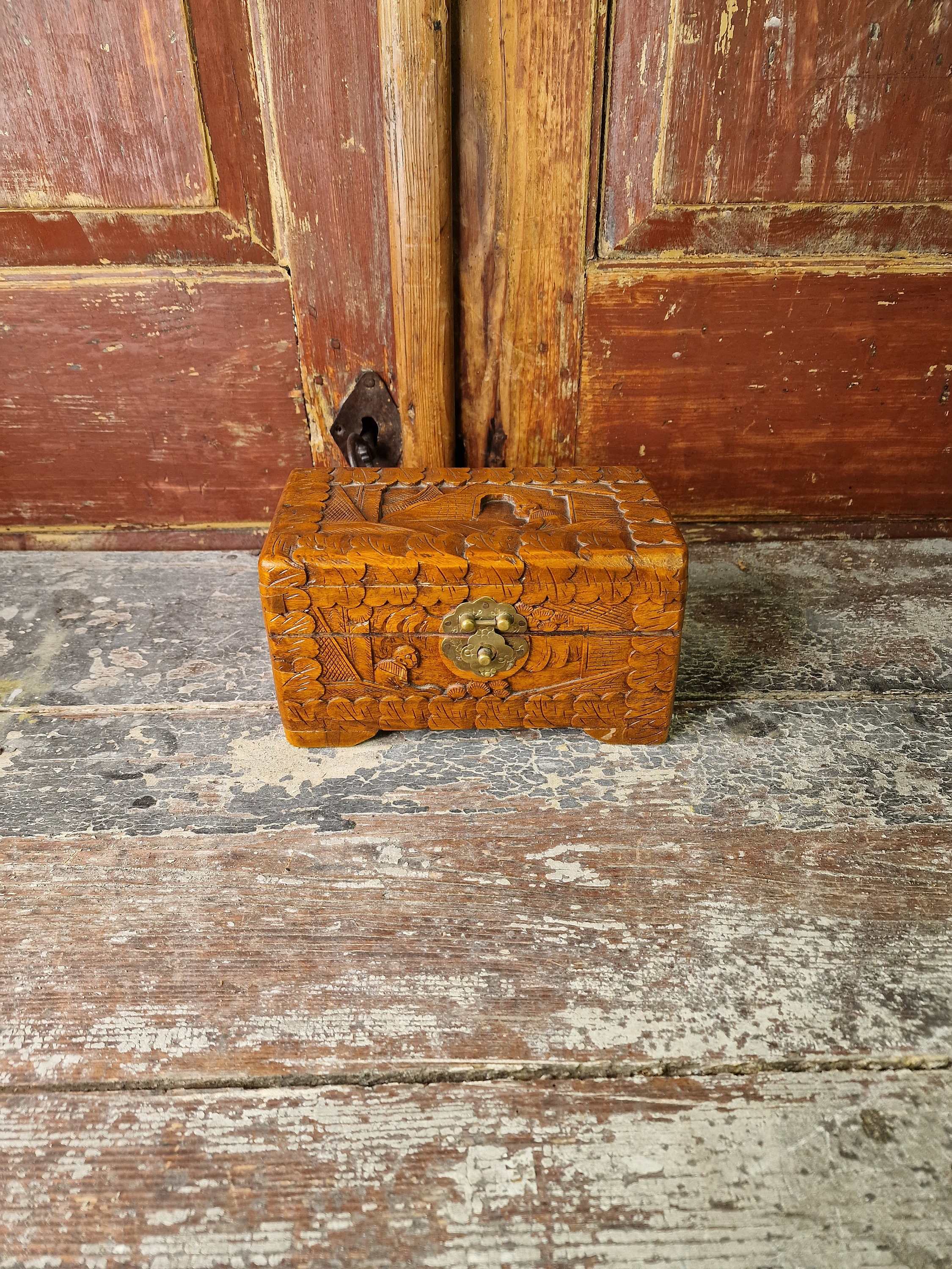 Old Small Camphor Wood Chest, Hand Carved, Trinket Box, Yewlery