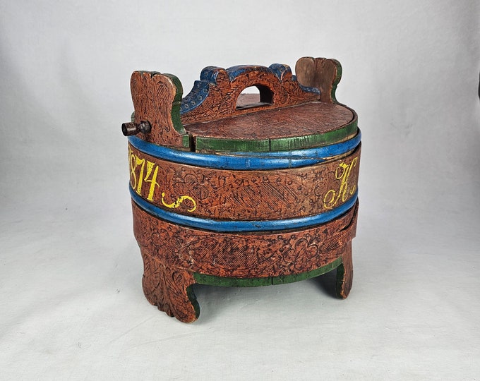 Vintage Norwegian Wooden Antique | Traditional Decor | Hand-Carved Churn | Antique Porridge Container | Burnt Design | Dated 1874 rommegroet