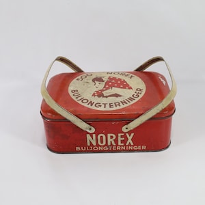 Vintage Norex Bouillon Tin Lunch Box | 1950s Scandinavian Decor | Mid-Century Red Tin | Retro Collectible Gift