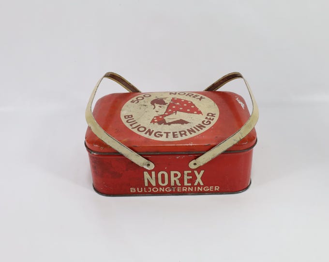 Vintage Norex Bouillon Tin Lunch Box | 1950s Scandinavian Decor | Mid-Century Red Tin | Retro Collectible Gift