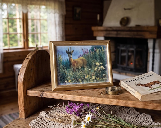Vintage Jan Petter Bratsberg Porcelain Art Print 1987 | Framed Roe Deer Buck Plaque | Signed Norwegian Wilderness Wildlife Painting