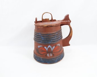 Antique 1800s Norwegian Bentwood Ale Tankard | Hand Painted Rosemaling Folk Art Beer Stein | Rare Lock Lid Scandinavian Wood Collectible
