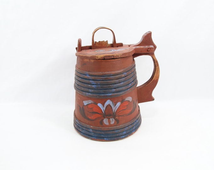 Antique 1800s Norwegian Bentwood Ale Tankard | Hand Painted Rosemaling Folk Art Beer Stein | Rare Lock Lid Scandinavian Wood Collectible