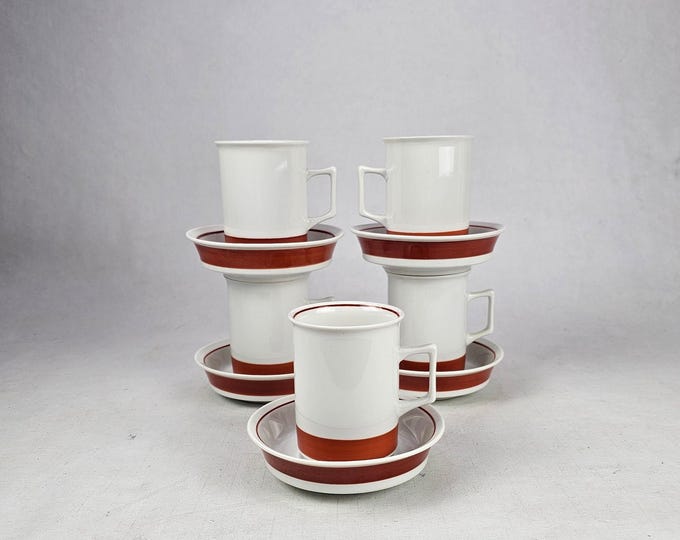 Porsgrund Marguerite Red Rand Coffee Set | Grete Ronning 1970s | Norwegian Mid Century Porcelain | 5 Cups