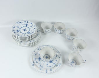 Porsgrund Porcelain Blue Fluted Straw Breakfast Trio 1911–1940 | Norwegian Hand Painted Cup Saucer Plate Set | Vintage Nordic Tableware