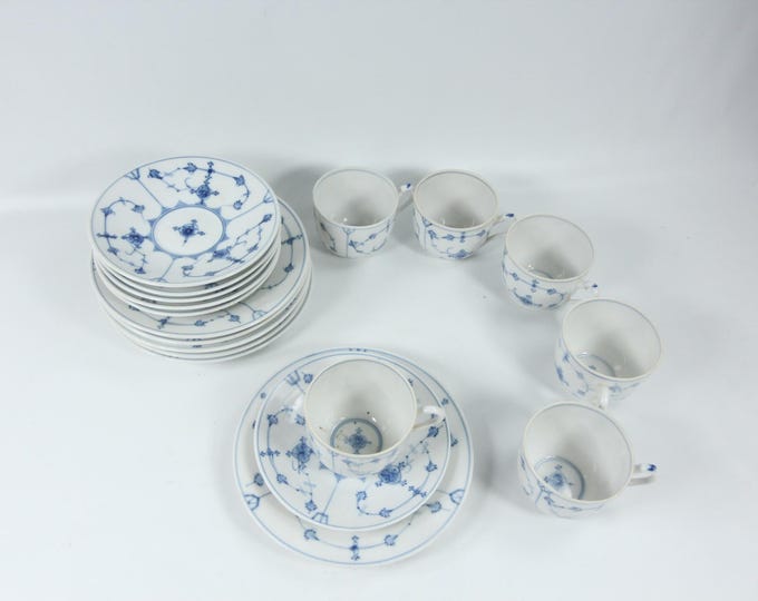 Hand-Painted Porsgrunn Porcelain Breakfast trio with Blue Straw Design - Blue fluted design