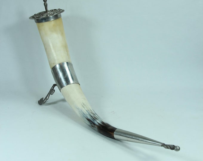 Vintage Hand Cast Norwegian Drinking Horn with Cow Horn and Tin - Folk Art Decor - Wedding decor - Vintage Norwegian hand made
