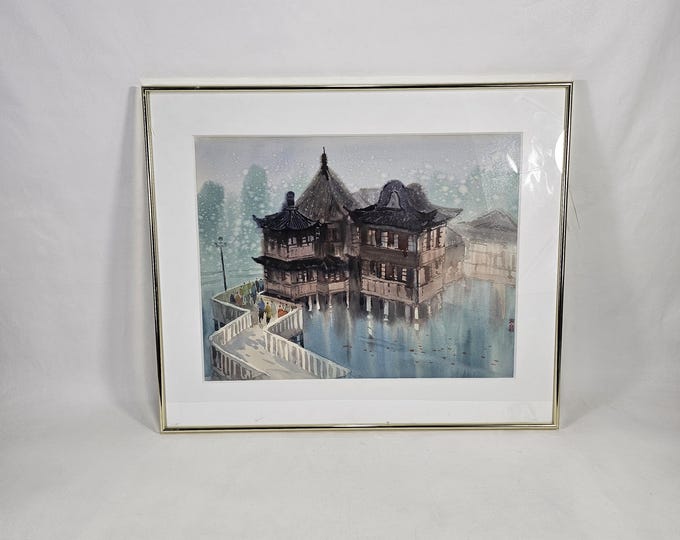 Lovely Vintage Watercolour on Paper Painting by Contemporary Chinese Artist Wu Tongli - Rain in YU garden