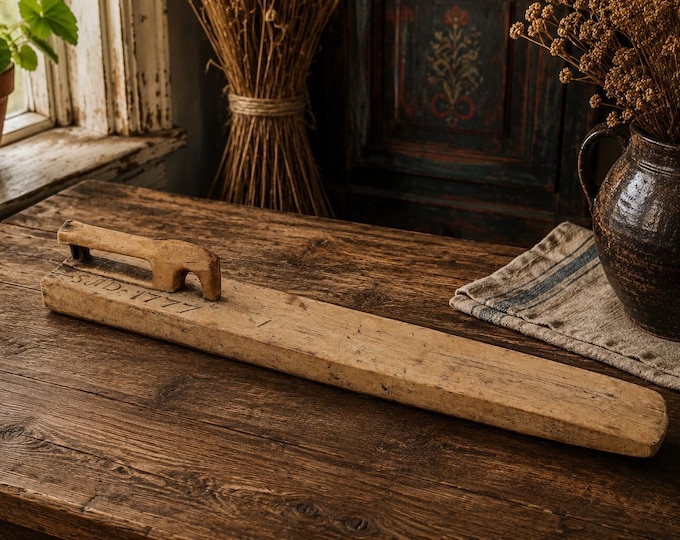 Dated 1777 Norwegian Mangel Board | Antique 18th Century Folk Art Mangletre | Primitive Horse Handle Natural Patina | 250 Year Old Heritage
