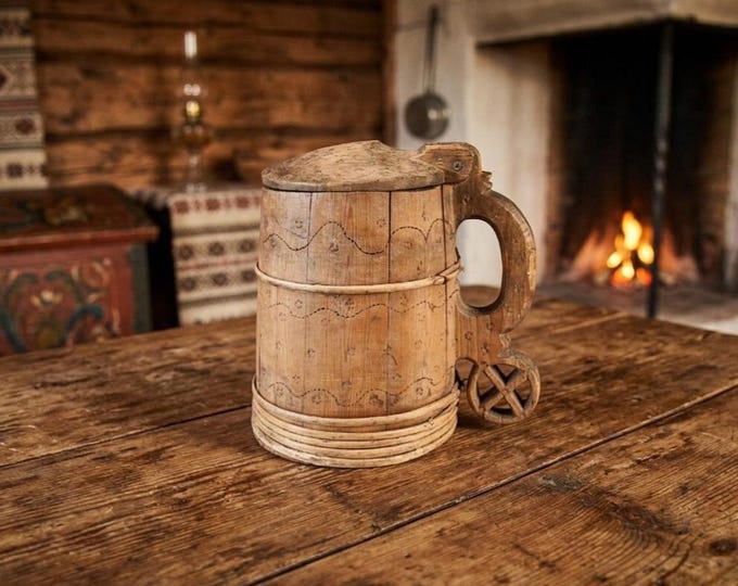 19th Century Norwegian Wooden Beer Tankard | Folk Art Ølkrus, Rustic Beer Stein, Hand Carved Stave Mug