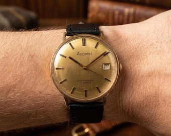 Vintage Accurist Mechanical Watch | Gold Plated Hand Winding Timepiece | Retro Men's Minimalist Gold Dial Dress Watch Sub Second 33mm