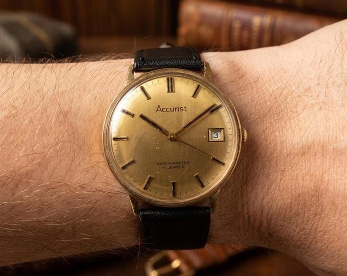 Vintage Accurist Mechanical Watch | Gold Plated Hand Winding Timepiece | Retro Men's Minimalist Gold Dial Dress Watch Sub Second 33mm