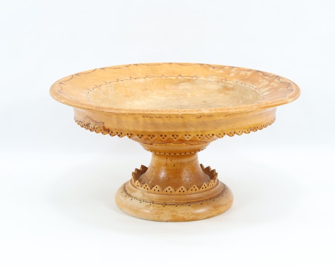Norwegian Hand Carved Cake Stand 1961 | Pyrography Wood Pedestal Plate | Scandinavian Folk Art Serving Stand