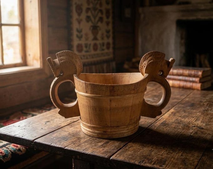 19th Century Norwegian Wooden Ale Bowl | Antique Scandinavian Folk Art Stave Bowl with Horse Head Handles Primitive Rustic Nordic Decor