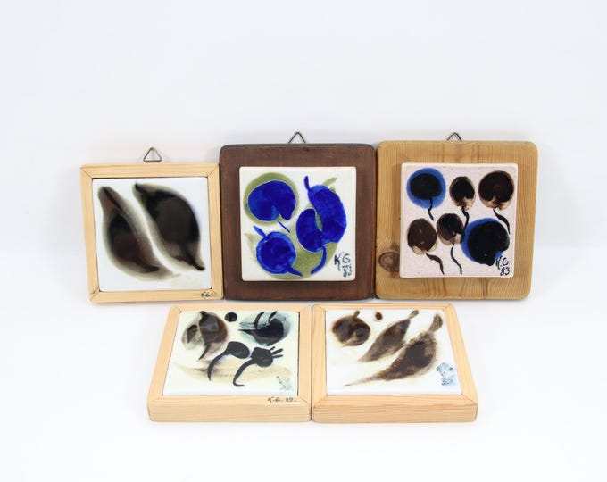 Hand Painted Norwegian Ceramic Tiles Set of 5 | Porsgrunn Porcelain Studio Art | Signed Konrad Galaaen Wall Tiles