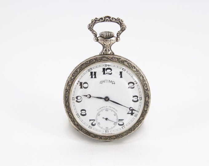 Vintage Antima Swiss Pocket Watch | 17 Jewels Incabloc Movement | Ornate Silver Plated Case | Art Nouveau Hunter Scene | Working Condition