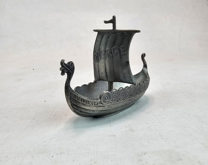 Norwegian Handmade Pewter Viking Ship | Mid-Century Folkart | Unique Home Decoration