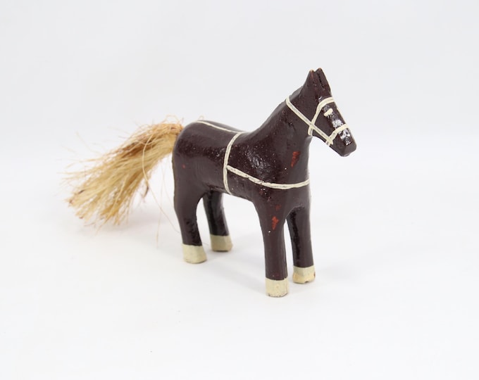 Norwegian Wooden Toy Horse 1920s | Hand Carved Folk Art with Original Paint and Straw Tail | Antique Scandinavian Toy