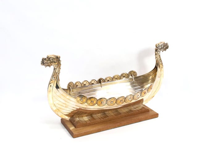 Norwegian Silver Plated Viking Longboat | Viking Ship with Dragon Heads | Norse Viking Longboat | Norse Heritage | 1970s Decor