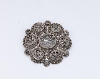 Vintage Sylvsmidja 830S Silver Bolesolje Brooch | Norwegian Telemark Bunad Jewelry | Filigree Solje, 8.8 cm