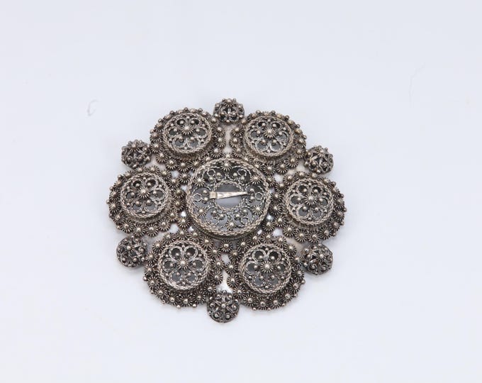 Vintage Sylvsmidja 830S Silver Bolesolje Brooch | Norwegian Telemark Bunad Jewelry | Filigree Solje, 8.8 cm