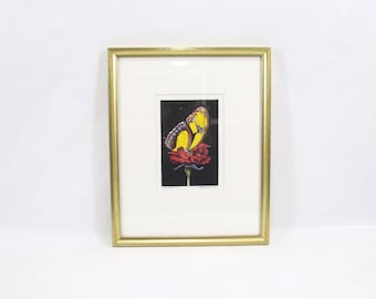 1990 Norwegian Lithograph | Butterfly on Red Flower | Vintage Scandinavian Nature Art Print | Signed Modern Nordic Wall Decor