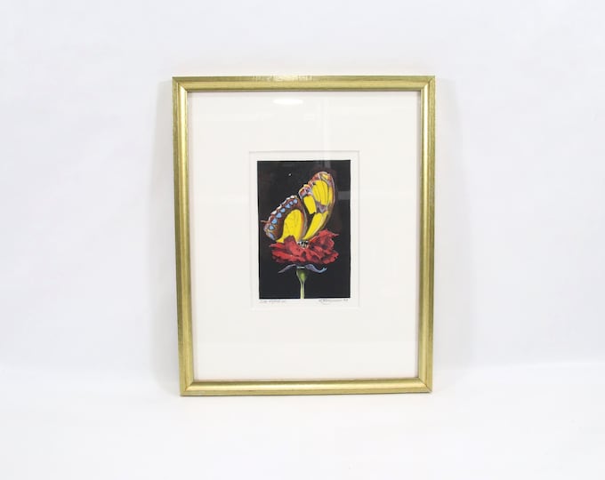 1990 Norwegian Lithograph | Butterfly on Red Flower | Vintage Scandinavian Nature Art Print | Signed Modern Nordic Wall Decor